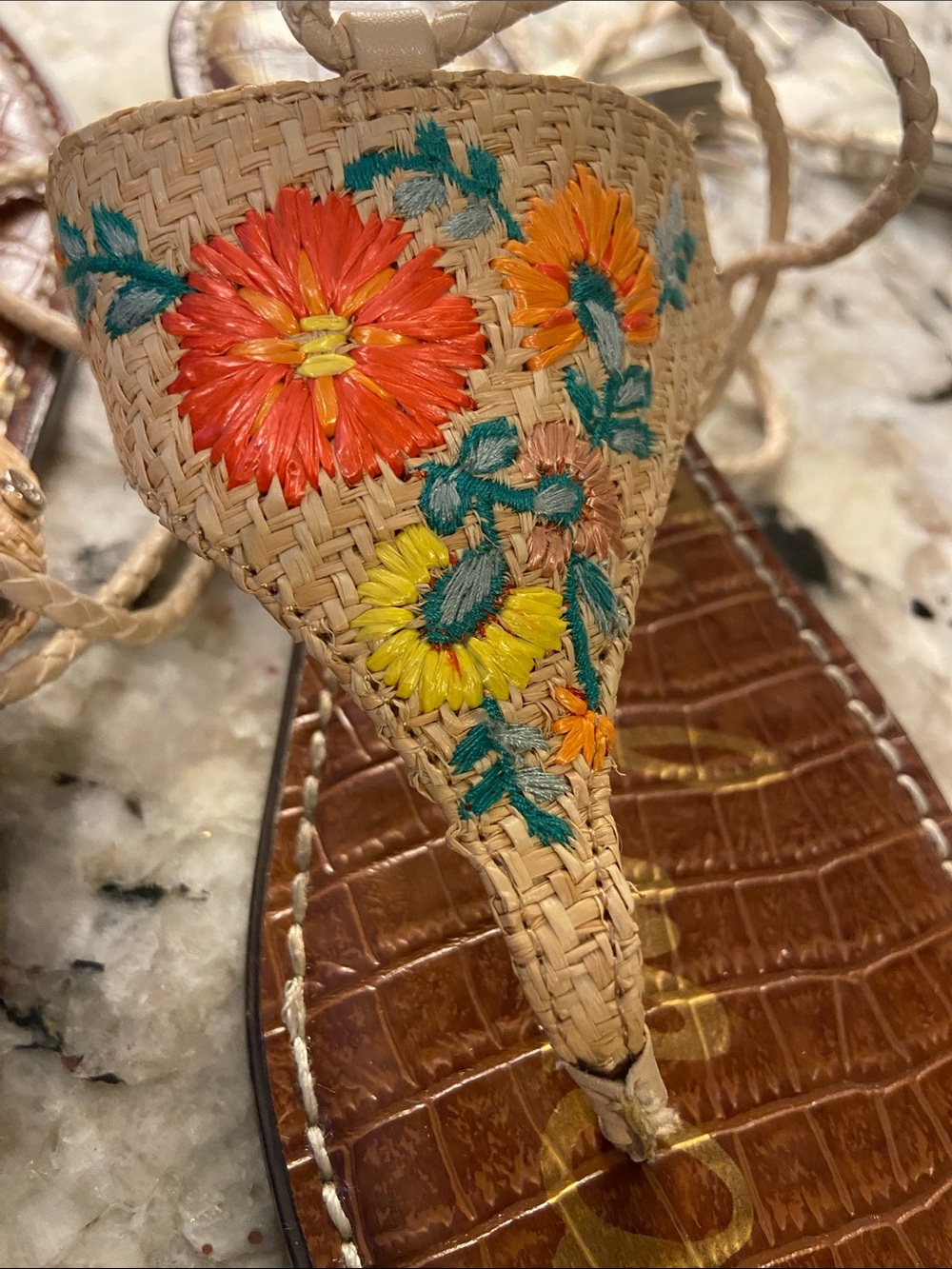 Sam Edelman Geri 3 Raffia Boho Floral Embroidered Ankle Wrap Sandals Woman’s 7.5 - Picture 3 of 7